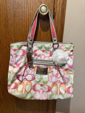 Coach Multicolor Signature Floral Charm Tote — Pink, Green, Orange, White